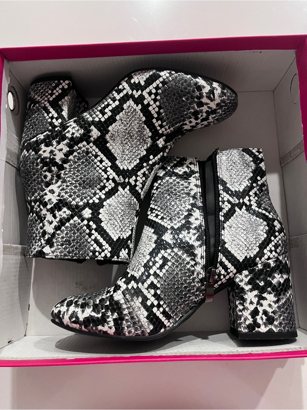Catherine Malandrino Black & White Snake-Print Block Heel Ankle Boots